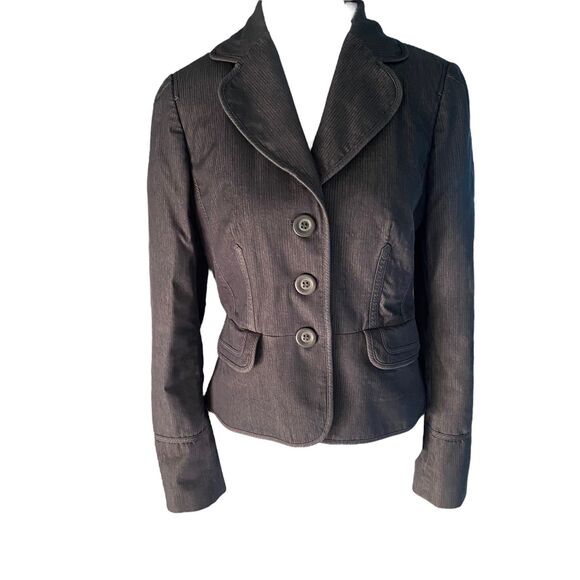 Ann Taylor Loft Gray Blue Denim Pinstripe Casual Blazer Lined Shoulder Pad 6 - Picture 2 of 13